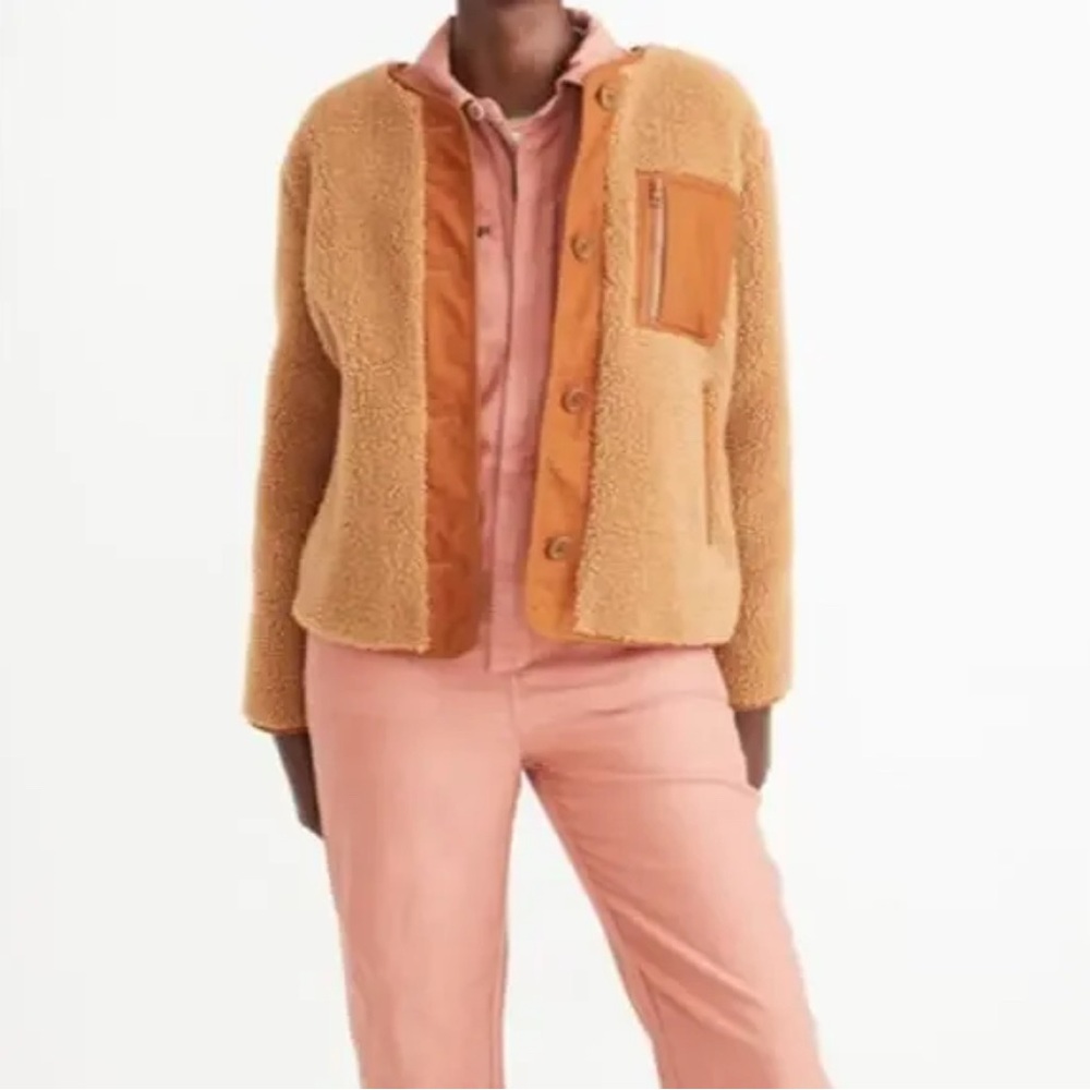 Madewell Small Sherpa Popover Jacket Zip Up Pockets Chestnut Brown MA305